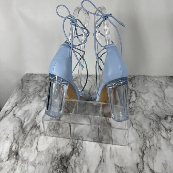 Aldo Onardonia Ankle Wrap Heels Blue Square Toe Clear Heel Glass Slipper Size 10 - Picture 10 of 13